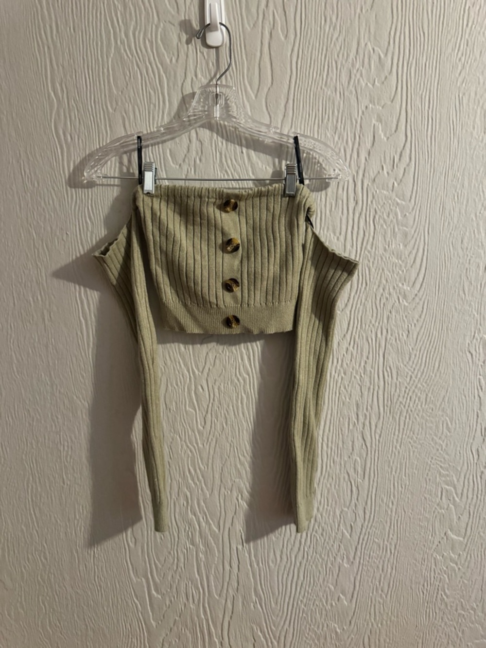 Forever 21 Light Sage Ribbed Off-the-Shoulder Button Crop Top